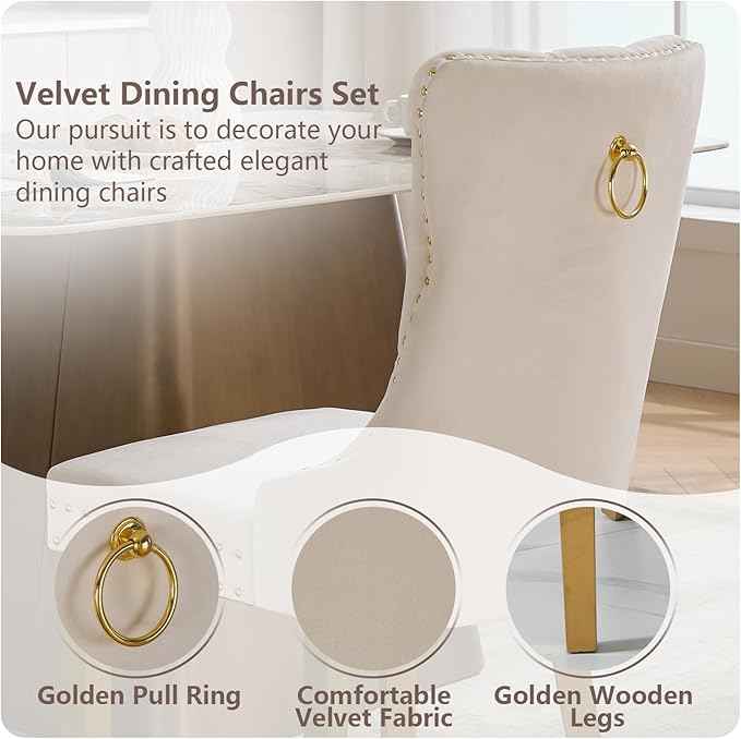 Velvet Dining Chairs Set of 4, Kitchen & Dining Room Chairs, Upholstered Dining Chairs with Back Ring Pull and Golden Solid Wood Legs, Modern Tufted Kitchen Chairs for Dining Room, Cream