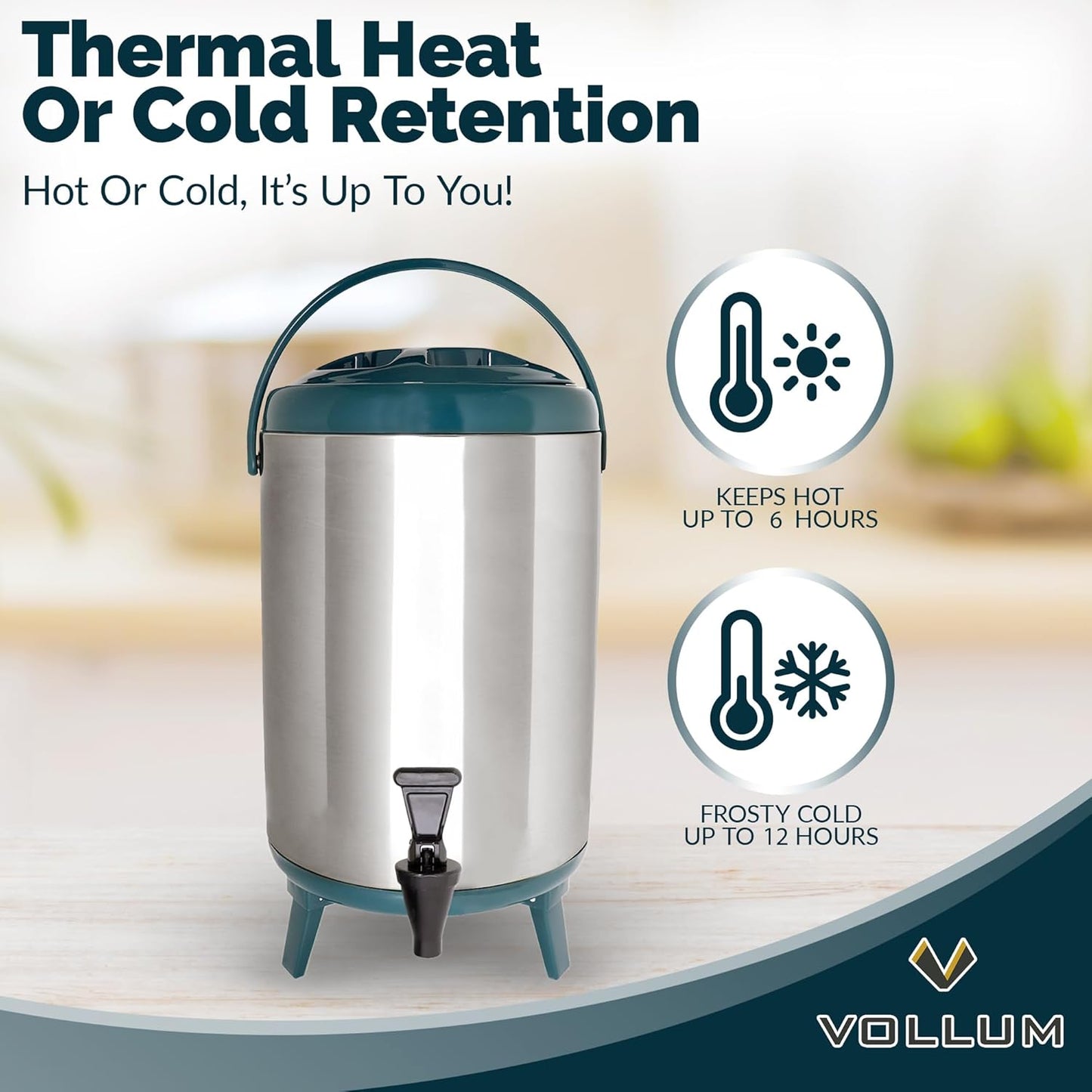 Stainless Steel Insulated Beverage Dispenser – Insulated Thermal Hot and Cold Coffee Carafe – 8 Liter Drink Dispenser with Spigot for Hot Water, Tea & Coffee, Cold Milk, Juice & More TEAL