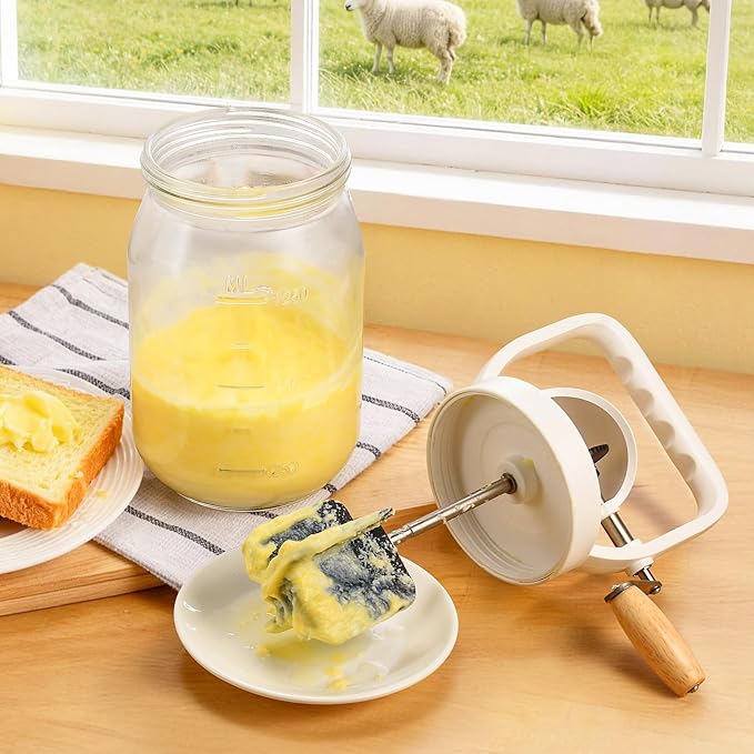 CAROD Classical Butter Churner, 1.5L Glass Jar with Hand Injury Prevention Device & Sifting Lid, 50oz Hand Crank Jar Maker Creates Fresh Homemade Butter within 15 Min, Ideal DIY Kitchen Gift
