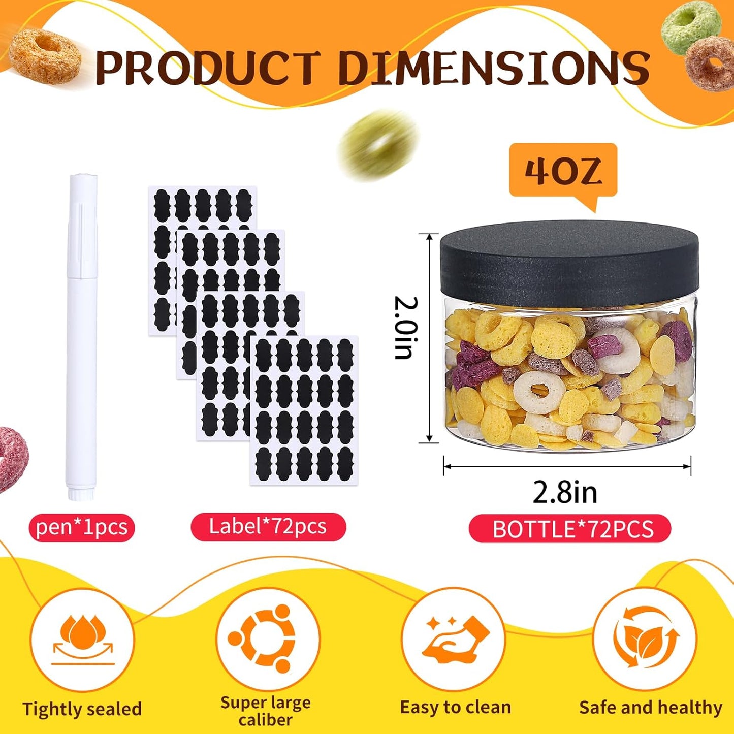 72pcs 4 oz Plastic Containers with Lids Labels Leak Proof BPA Free Airtight Refillable Clear Small Containers Storage Jars for Storing Dry Food Slime Honey Jam,black