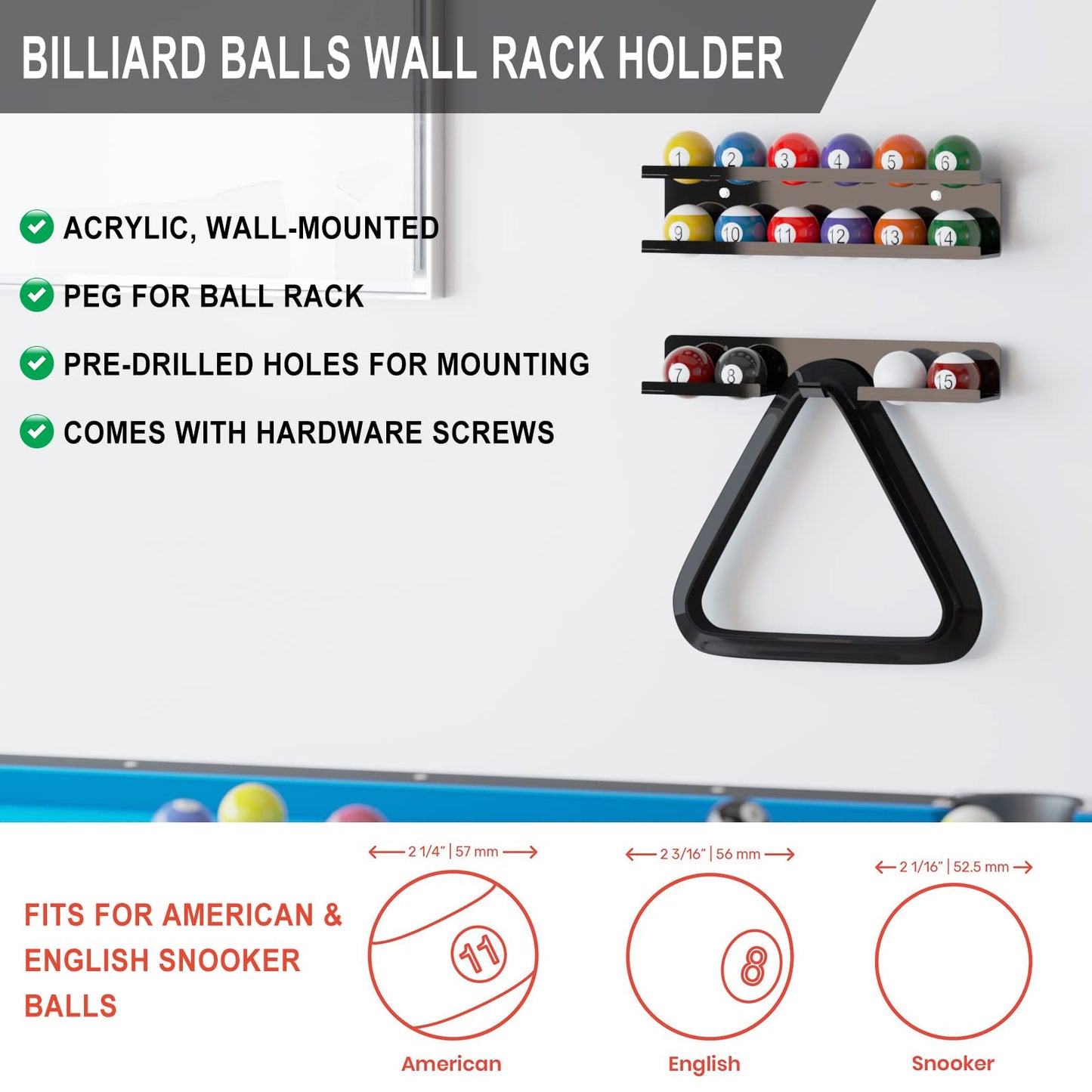 Cosmos Acrylic Billiard Ball Storage Shelf Set Pool Ball Wall Mount Rack Pool Accessory Wall Holder for 16 Balls Billiard Pool Ball Cue Ball Billiard Ball Rack in Billiard Room Bar (Solid Black)