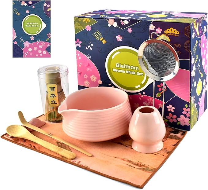 Matcha Whisk Set, 8Pcs Pink Matcha Kit Tea Set with Ceramic Bowl and Whisk Holder, Bamboo Scoop, Sifter, Perfect for Matcha Starter, Cute Matcha Powder Kit, Top Gifts for Women, Friends, Birthday