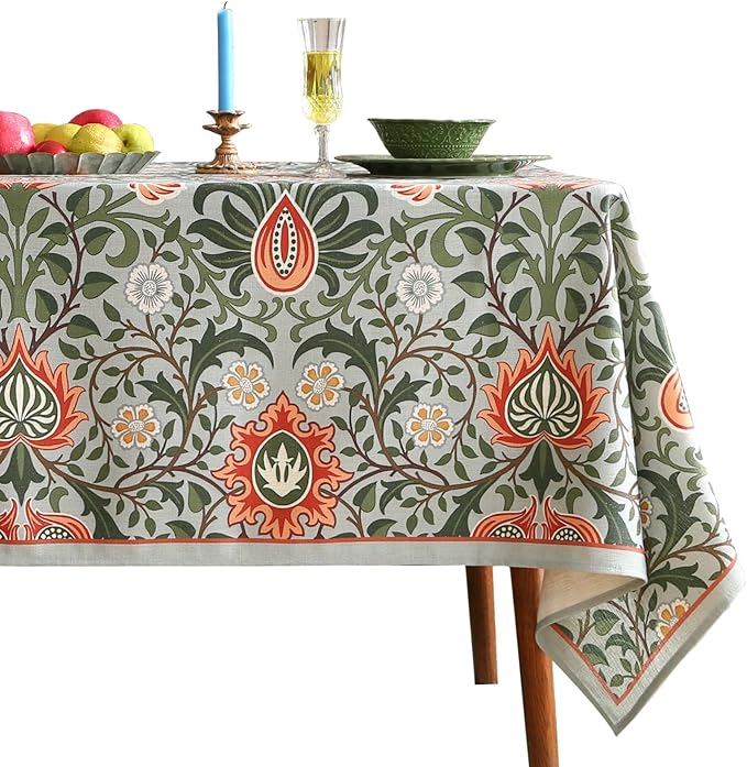 ISAENNE Designer Bohemian Linen Green Rectangular Tablecloth,Floral Indoor Table Cloth,Stain Resistant Decor Tablecloths for Dining Thanksgiving Kitchen Party Christmas,55"*87"-Naples