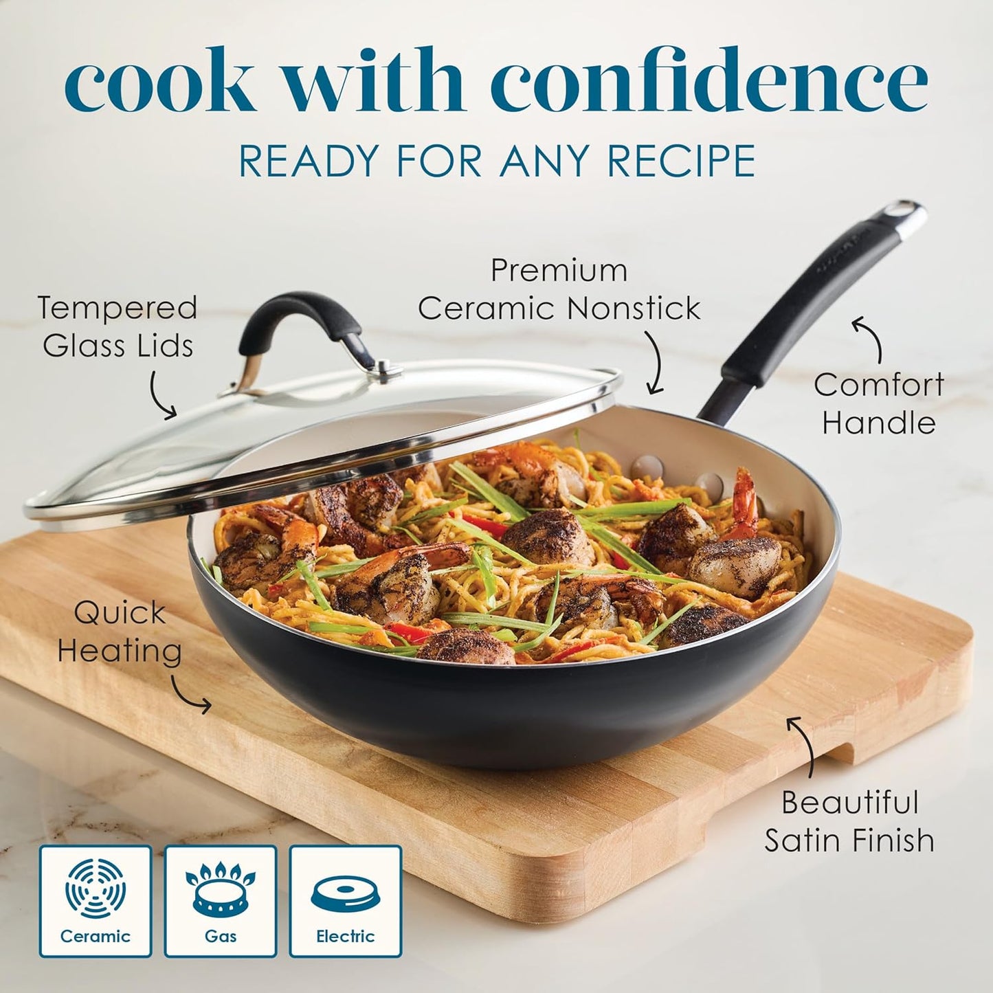Rachael Ray Cucina Ceramic Nonstick Stir Fry Pan and Lid, 11 Inch Non Stick Wok Pan, Dishwasher Safe - Peppercorn