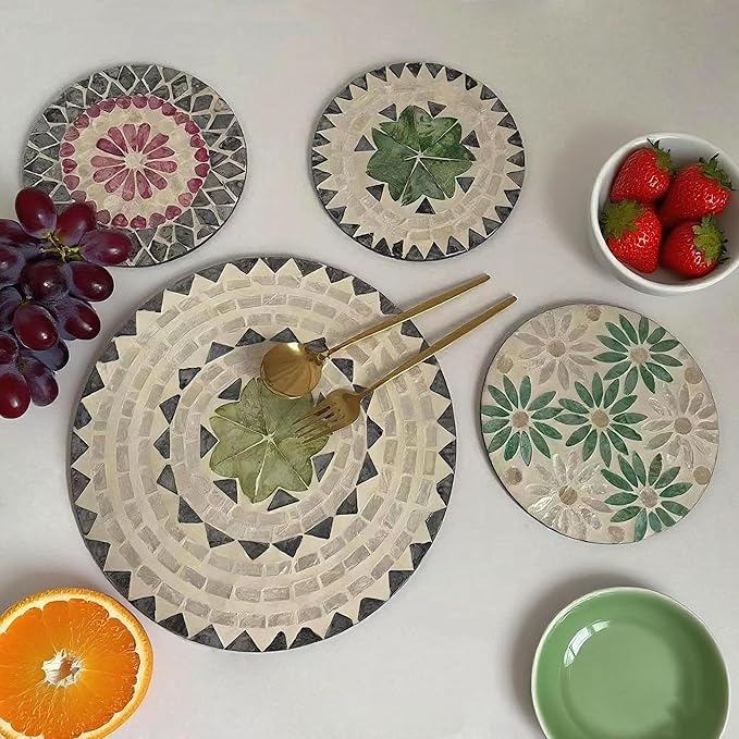 12 Inch Mother of Pearl Shell Placemat Plate – Large Round Decorative Heat for Table or Kitchen, Cabinet, Tabletop (Green Leaves, 12 Inch)