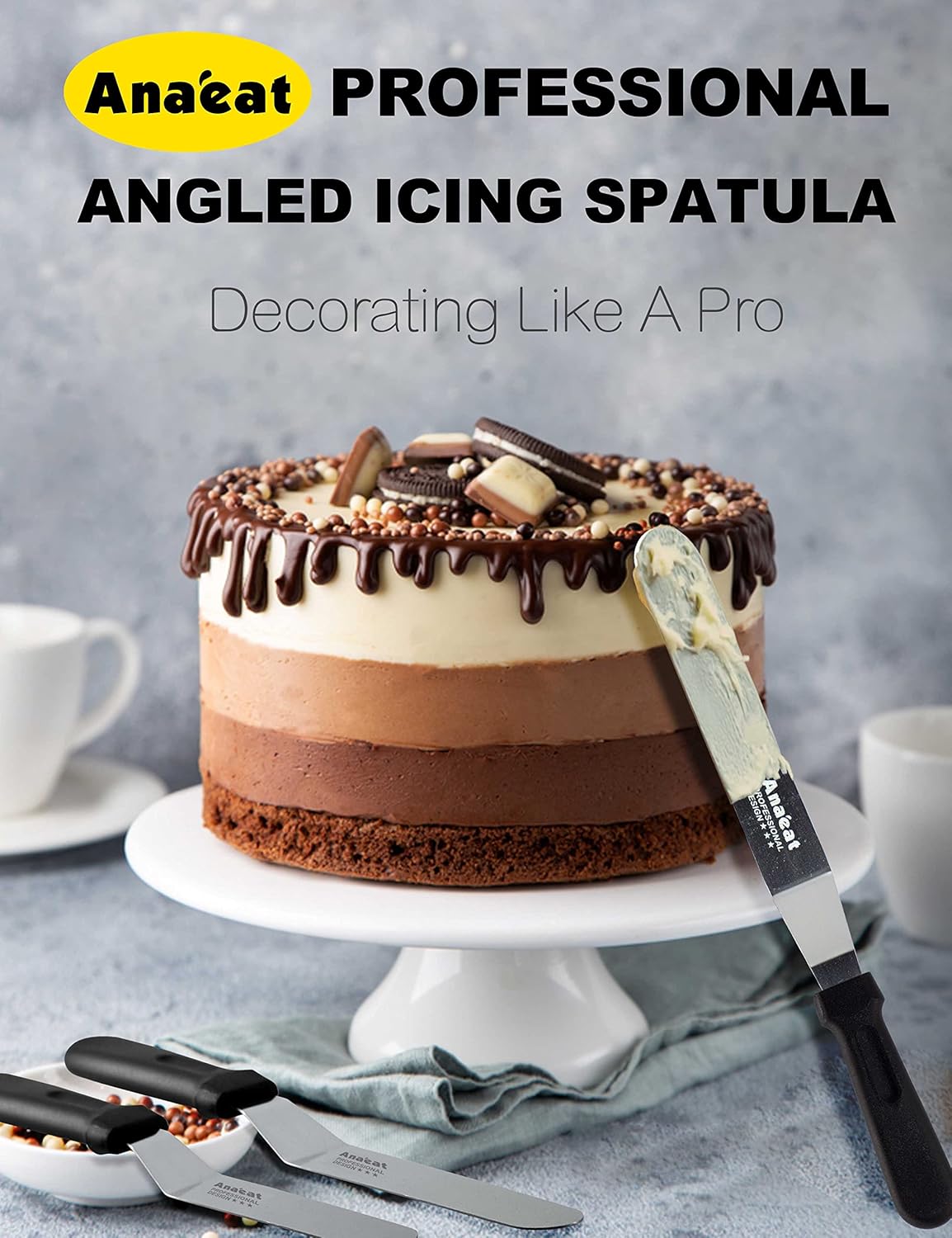 Anaeat Icing Spatulas, Set of 2 Professional Cake Angled Offset Spatula with 6", 8" Stainless Steel Blades - Thickened Frosting Knife with Durable Plastic Handle for Cake Decorating Pastry & Baking