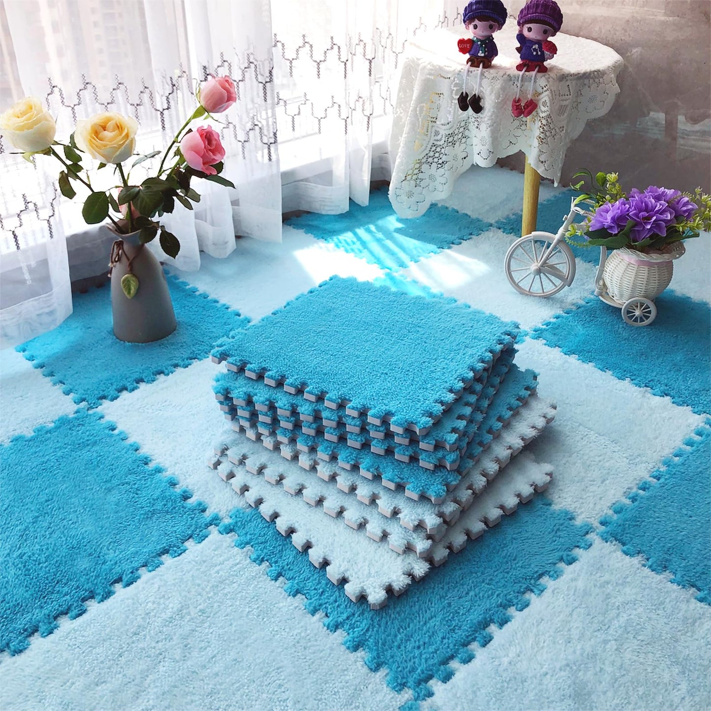 easycustomerlee 12pcs Interlocking Carpet Shaggy Soft EVA Foam Mats Fluffy Rugs Protective Floor Tiles Play Mats for Children Kids Room Home Parlor Bedroom(Blue)