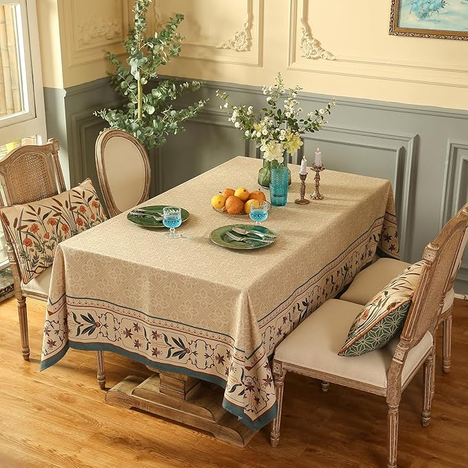 patdrea Designer Beige French Linen Small Tablecloth for Square Table,Anti-Wrinkle Durable Floral Table Cloth,Decor Cover for Kitchen Dining,Tea Party,Christmas,Thanksgiving,55"x55"-Fram