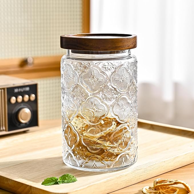 Adodeen 32oz Vintage Glass Jar With Lid, Glass Storage Containers, Airtight Kitchen Storage Containers For Sugar, Coffee, Tea, Spice, Flour, Candy Cookie, Pasta, Cereal, Cute Decorative Jars