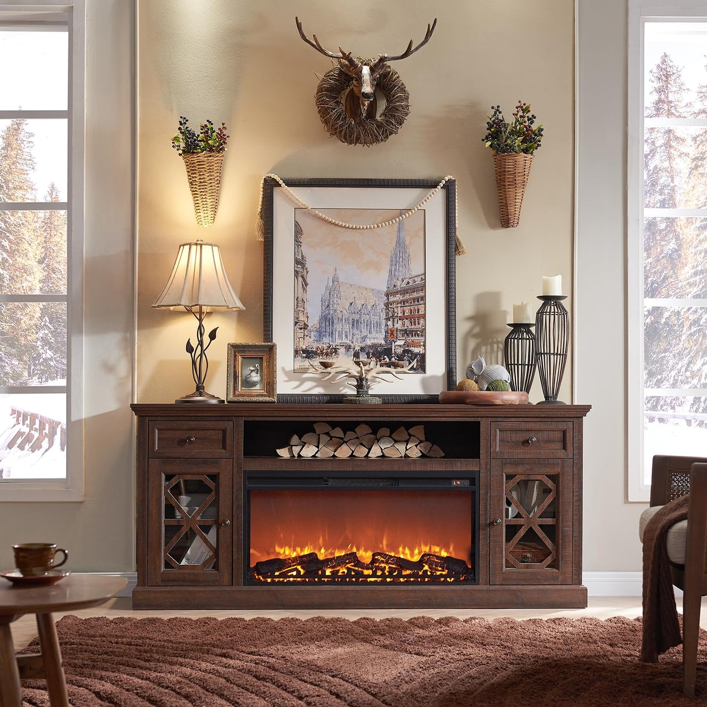 Farmhouse Electric Fireplace TV Stand for 80 Inch TVs, 31" Tall Highboy Entertainment Center w/36 Large Electric Fireplace & 2 Drawer, Diamond Panel Door for Living Room, 70inch, Brown