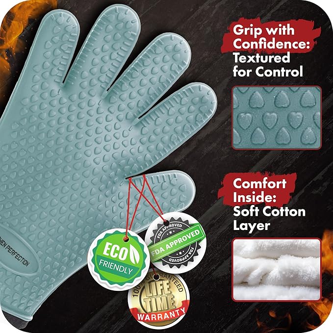 KITCHEN PERFECTION Silicone Smoker Oven Gloves -Extreme Heat Resistant BBQ Gloves -Handle Hot Food Right on Your Smoker Grill Fryer Pit|Waterproof Oven Mitts Grill Gloves |Superior Value Set+3 Bonuses