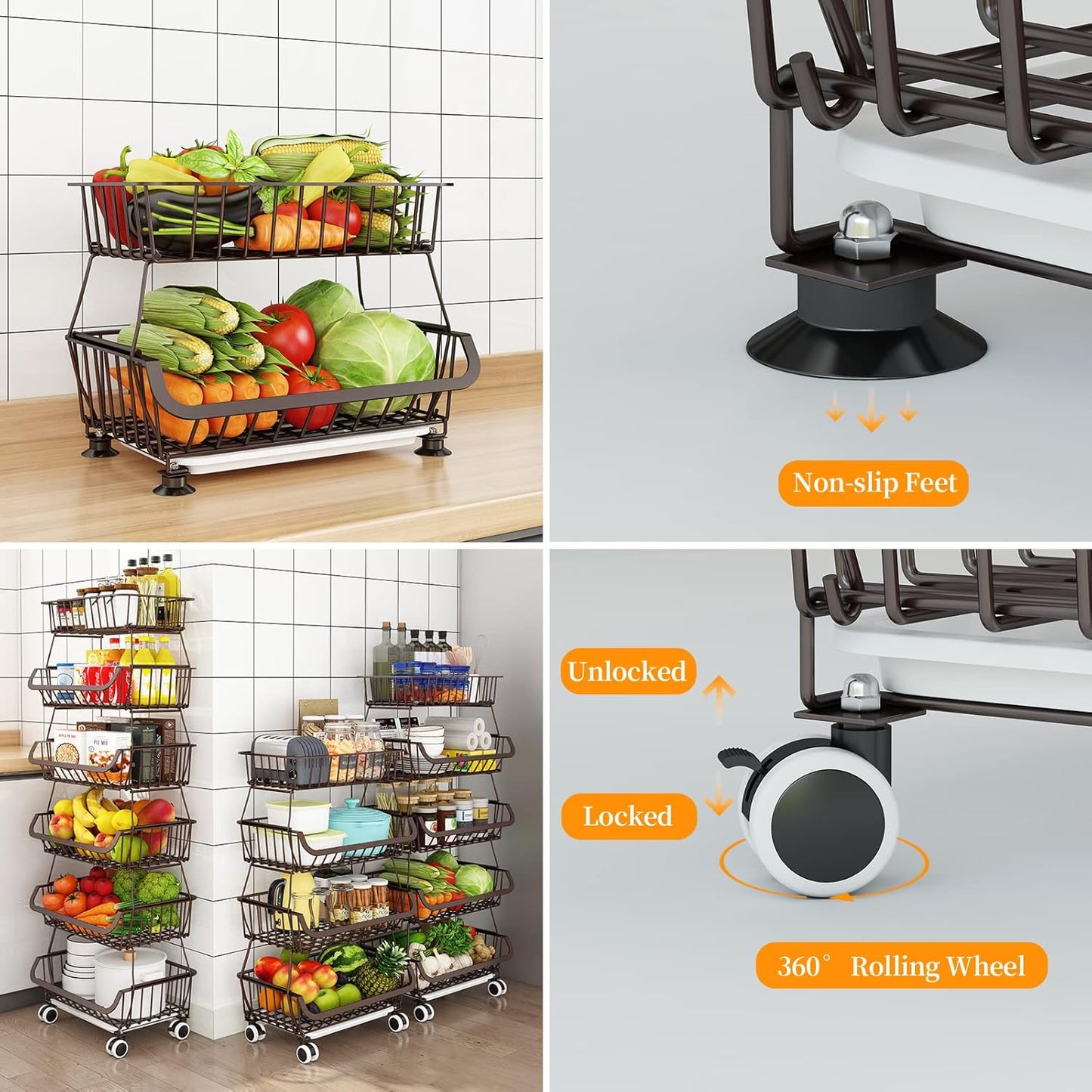 Fruit Vegetable Storage Basket for Kitchen - 4 Tier Stackable Metal Wire Baskets Cart with Rolling Wheels Utility Fruits Rack Produce Snack Organizer Bins for Pantry Bathroom Laundry Bronze