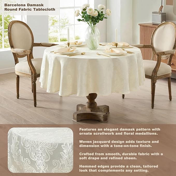 Newbridge Barcelona Luxury Damask Fabric Tablecloth, 108” Round, Antique White, 100% Polyester, No Iron, Soil Resistant Dining Room, Party and Banquet Table Cover