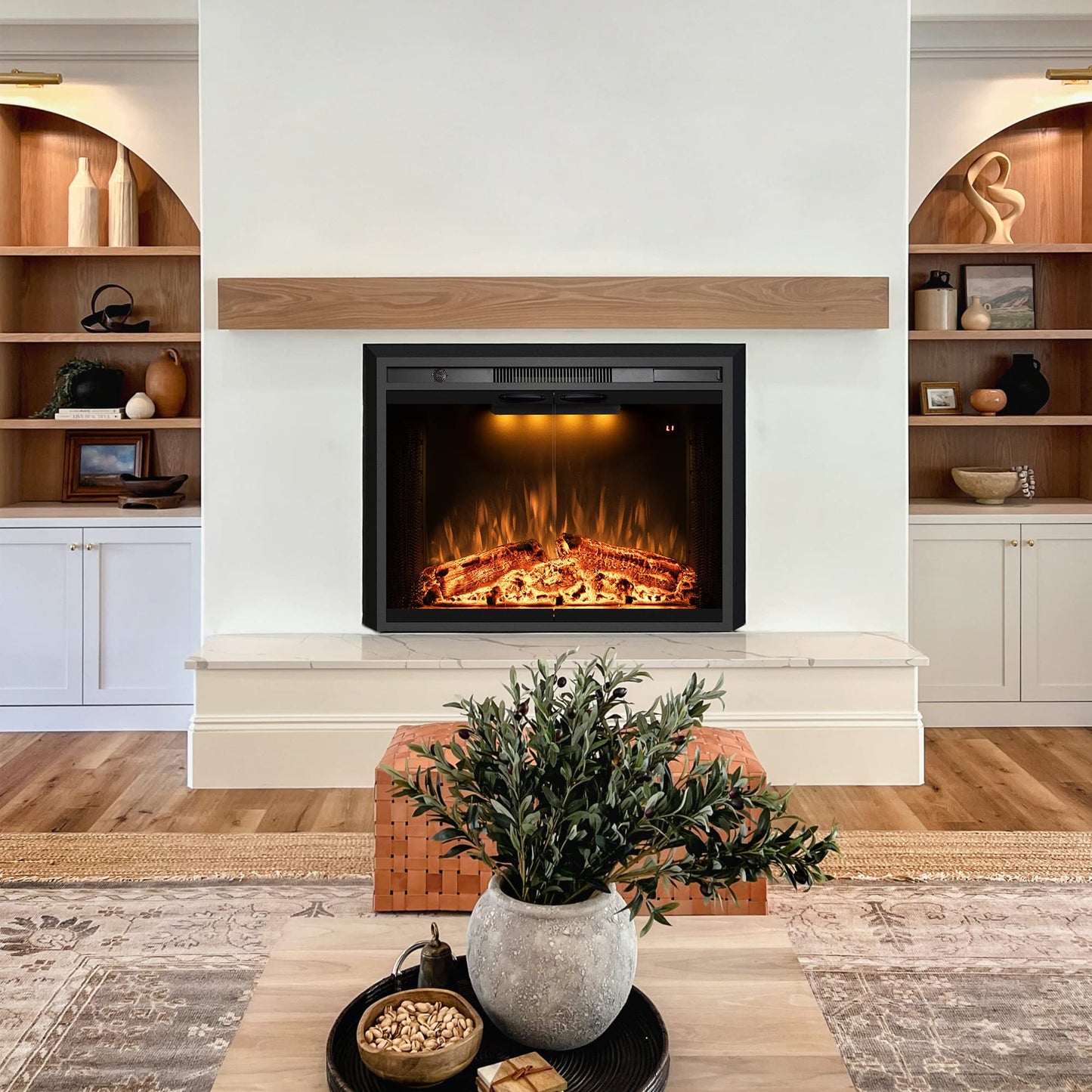 Benrocks 30” Electric Fireplace Inserts with Glass Door and Mesh Screen, Multicolor Flames & Fire Crackling Sounds, Timer, Overheating Protection Fireplace Heater, 750/1500W