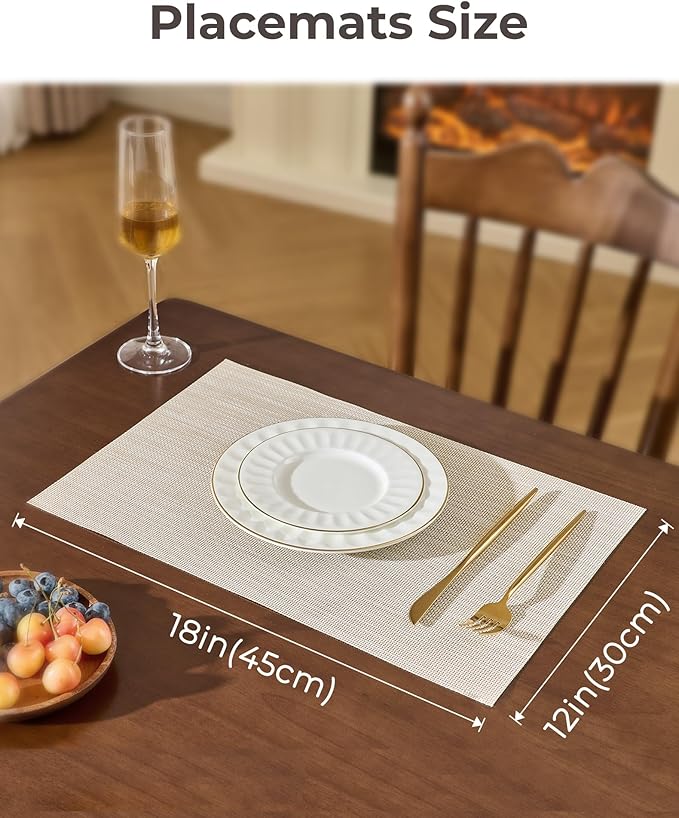 Leetaltree Beige White Placemats Set of 12 - Heat Resistant Non-Slip Place mats for Dining Table, Washable Durable PVC Vinyl Woven Table Mats(Beige White, 12)