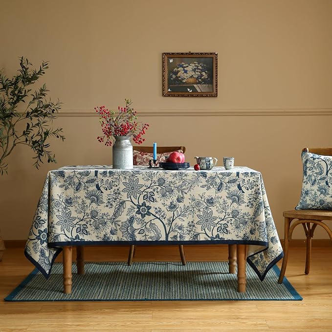 ISAENNE Designer French Linen Table Cloth for Rectangle Table,Blue Floral Washable Indoor Tablecloth,Durable Home Decor Tablecloths for Dining Thanksgiving Kitchen Party Christmas,55"*79"-Ruyi B