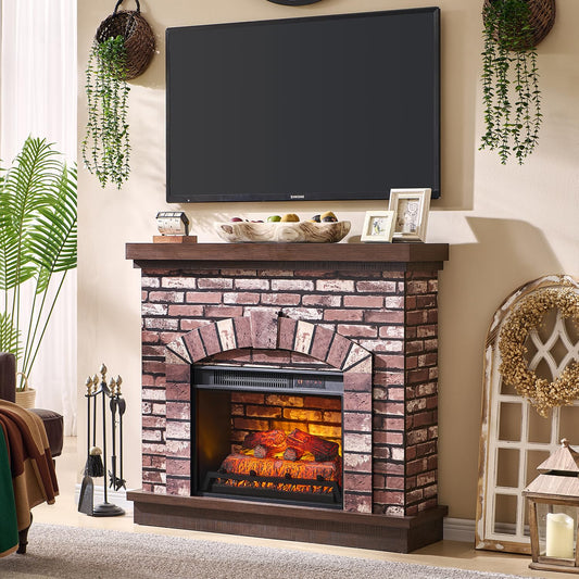 IFBUY Farmhouse Electric Fireplace with Mantel, 42" Fireplace TV Stand w/23'' Freestanding Electric Fireplace Heater, Remote Control, Adjustable 3D Realistic Flame Level for Living Room, Light Brown