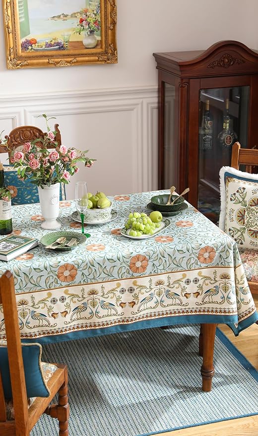 patdrea Designer French Linen Blue Tablecloth for Rectangle Table,Vintage Floral Table Cloth,Colorful Decoration Fall Cover Kitchen Dining for Thanksgiving,Tea Party,Christmas,55"x71"-Wensel