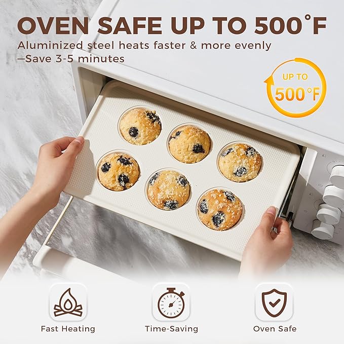 HONGBAKE Nonstick Ceramic Muffin Pan, 6 Cup Muffin tin for Baking, Non-toxic Cupcake Pan, Heavy-duty Aluminized Steel Cupcake Tray with Diamond Texture, Easy To Clean, Cream