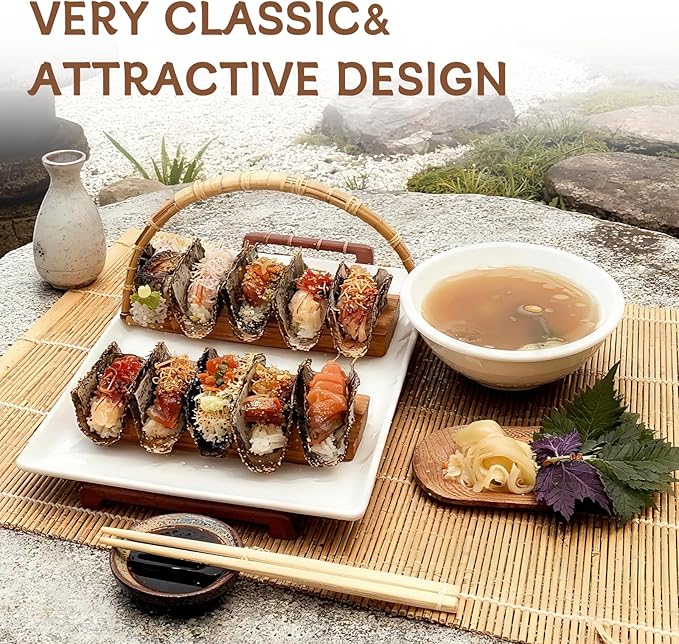 Wooden Taco Holder Stand for Sushi Hand Roll, Temaki & Sushi Roll – 1/2/3/5 Slot Sushi Display Tray, Natural Wood Serving Platter (10 pcs per Pack) (2 Slots (10 pcs))