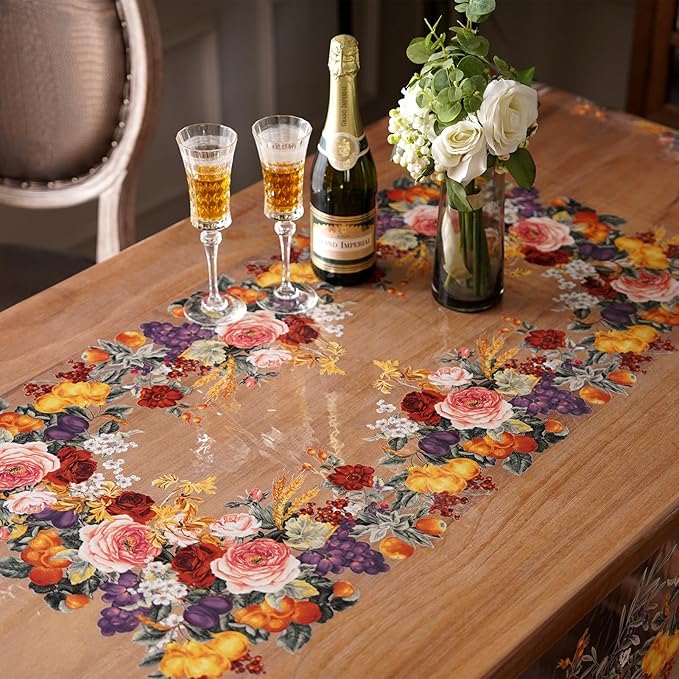 Clear Table Cover Protector Vinyl PVC Rectangle Table Cloth with Floral Fruit Pattern Oil Spill Proof Plastic Tablecloths for Dining Tables Parties Holidays (Floral Fruit, 55 x 120 Inches)