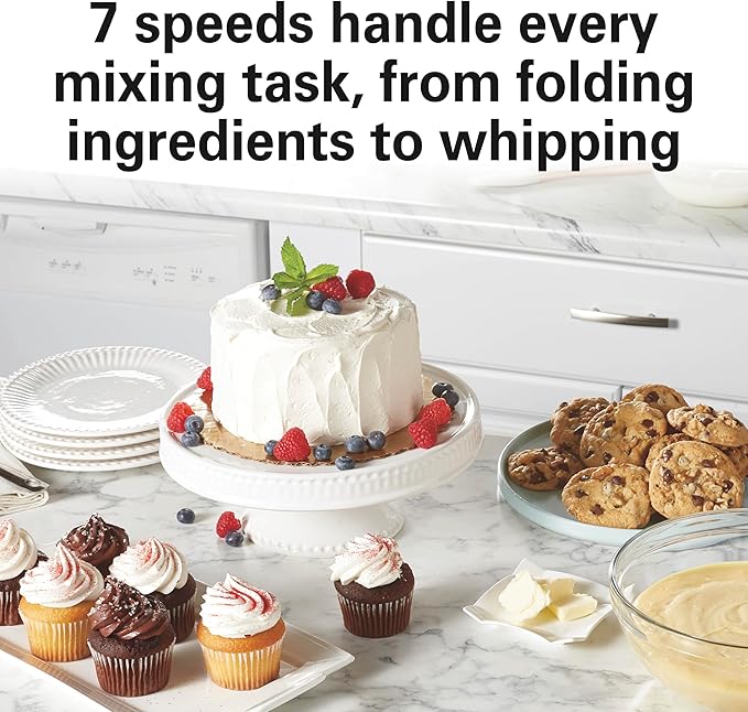 Hamilton Beach Electric Stand Mixer, 4 Quarts, Dough Hook, Flat Beater Attachments, Splash Guard 7 Speeds with Whisk, Red