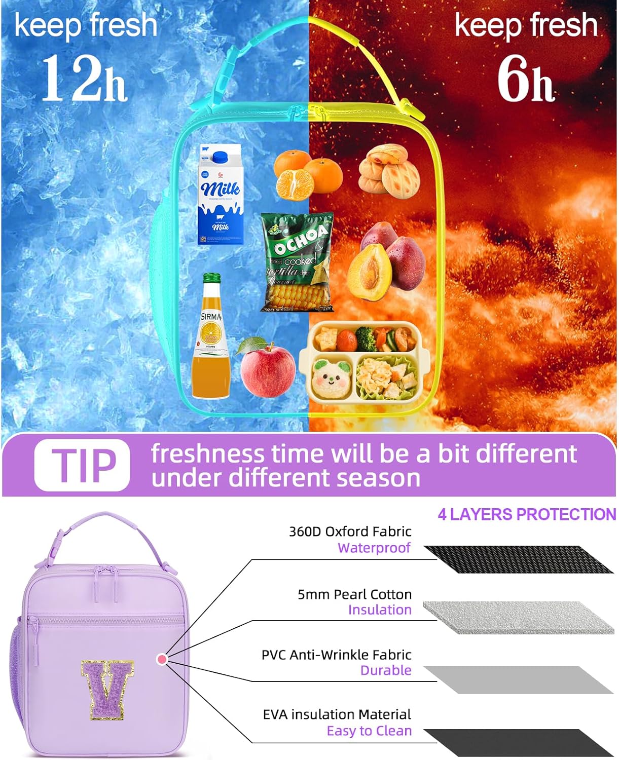 Initial Insulated Lunch Bag for Girls Kids, Back to School Gift, Reusable Leak-proof Lunch Box with Adjustable Strap for School Daycare Travel Picnic (Purple,V)