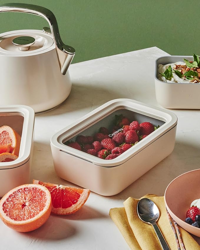 Caraway 2pc Glass Food Storage Set - 6.6 Cup Food Containers (2) - Ceramic Coated - Non Toxic, Non Stick Lunch Box with Lids. Dishwasher, Oven, & Microwave Safe - Perracotta