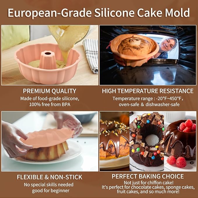PADELE 2 Pack Silicone Cake Pan Nonstick,10 Inch, Silicone Cake Molds,Pound Cake Pan, Baking for Jello,Gelatin,Cake,Brownie and Bread (Red+Grey)