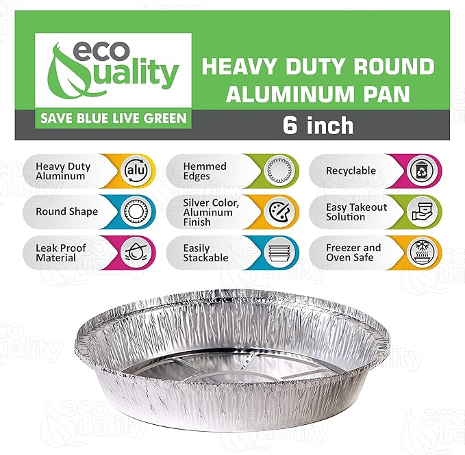 EcoQuality 6" Round Aluminum Foil Pans - Disposable Containers with Foldable Walls for Pie Baking, Cooking, Serving, Reheating, and Storing - Freezer and Oven Safe Tart Pan 50 Pack