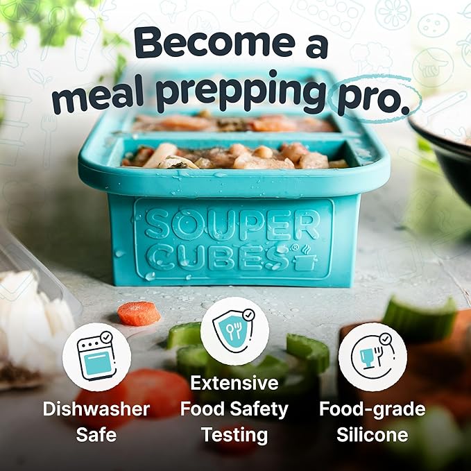 Souper Cubes 1 Cup Silicone Freezer Molds - Soup Cubes Perfect for Freezing Broth, Rice, Leftovers and More - Silicone Freezer Trays with Lids for Meal Prep - Aqua - 4-Pack