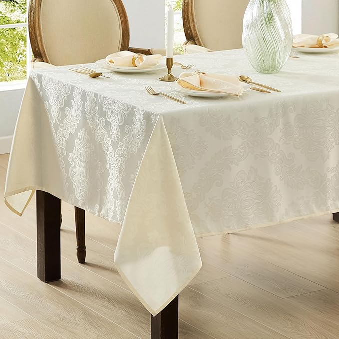 Newbridge Barcelona Luxury Damask Fabric Tablecloth, 70” Extra Wide x 126” Rectangle, Antique White, 100% Polyester, No Iron, Soil Resistant Dining Room, Party and Banquet Table Cover