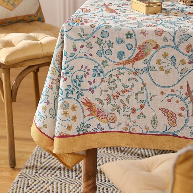 patdrea Designer Vintage French Rectangular Tablecloth,Floral Birds Pattern Linen Table Cloth,Fall Yellow Decor Table Cover for Kitchen Dining Banquet,Christmas,Thanksgiving,63"x87"-Magnolia