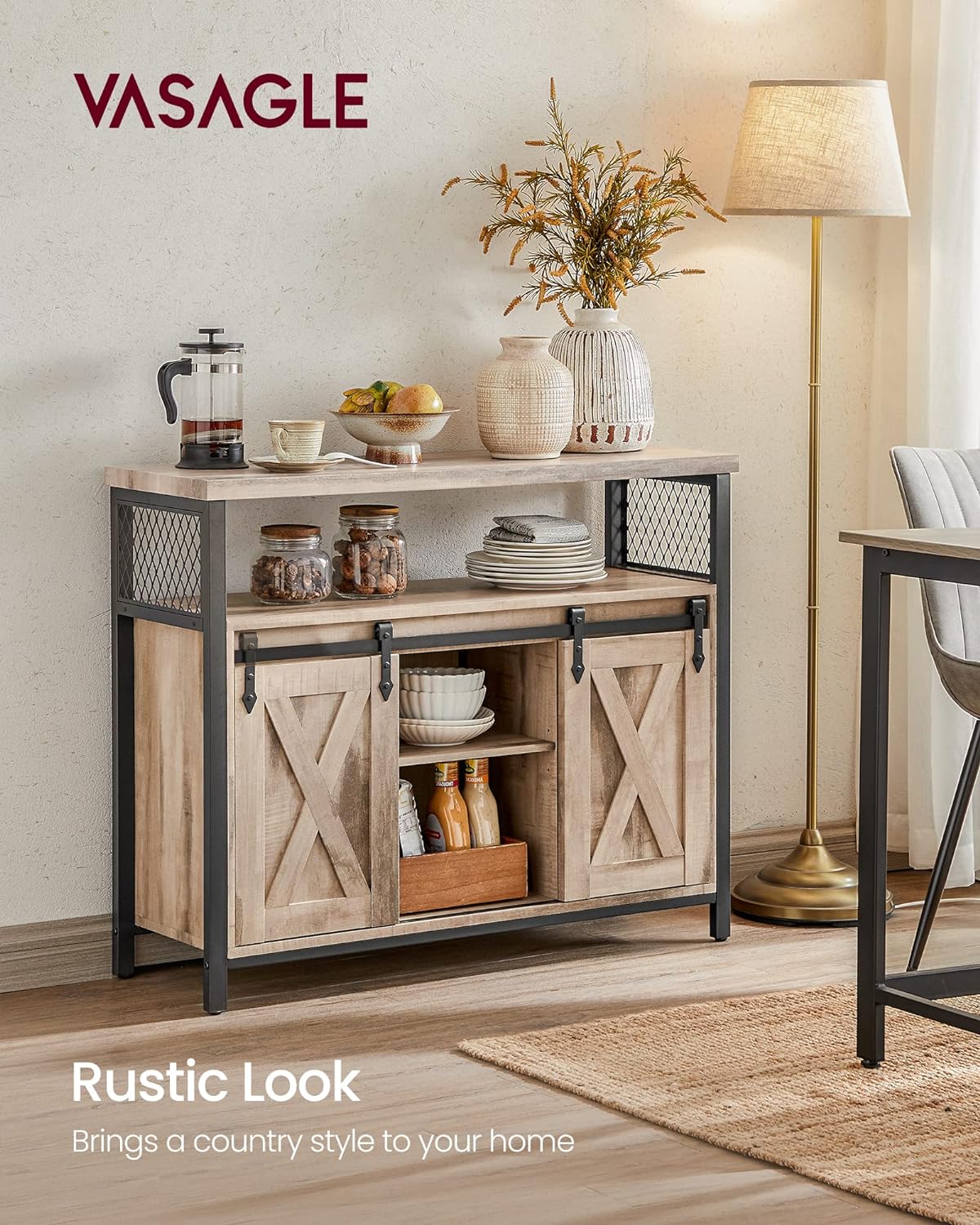 VASAGLE Buffet Cabinet, Coffee Bar Storage Cabinet, Sideboard with 2 Sliding Barn Doors, Adjustable Shelves, 13 x 39.4 x 31.5 Inches, for Living Room, Camel Brown and Ink Black ULSC092B50