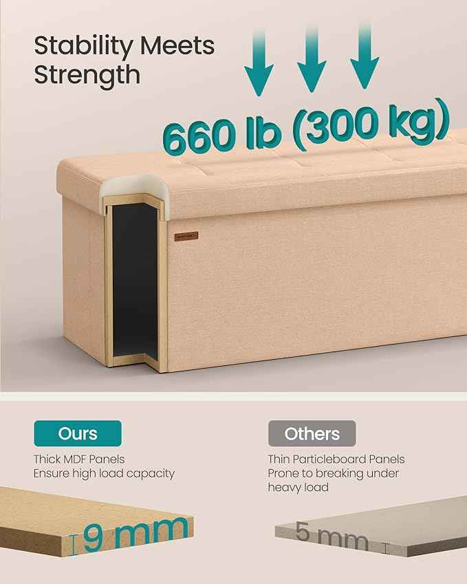 SONGMICS Mazie Collection - Storage Ottoman Bench, 43 Inches Folding Foot Rest Stool, End of Bed Bench, Easy Assembly, for Living Room, Bedroom, Entryway, Apricot Orange ULSF077O01