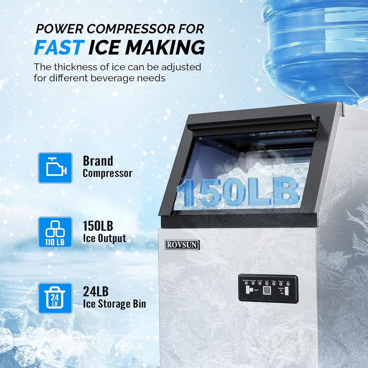 ROVSUN 150LBS/24H Commercial Ice Maker Machine with 2 Water Inlets, Freestanding Ice Machine with 24lbs Storage Bin, Ice Scoop & Water Filter for Home Office Restaurant Bar Cafe