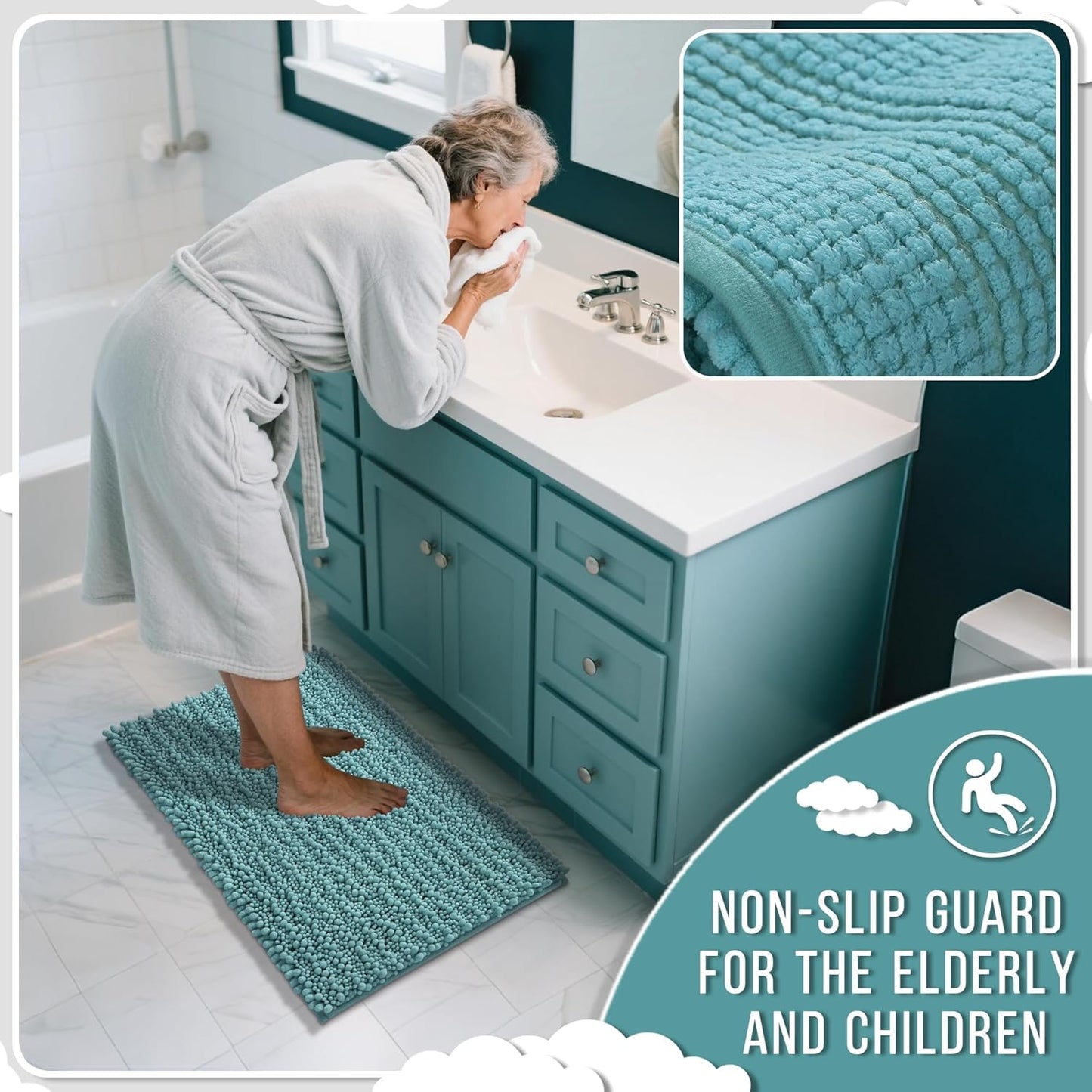 Yimobra Bathroom Runner Rug 60x24 Inch - Extra Long Non Slip Chenille Bath Mat, Soft & Absorbent, Machine Washable Shaggy Hallway Carpet for Vanity Tub Shower, Teal Blue Home Decor Accessories