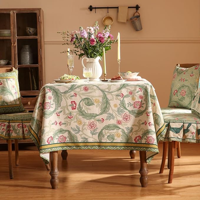 patdrea Designer Green Small Tablecloth for Rectangle Table,Vintage Linen Leaves Pattern Breathable Table Cloth,Floral Decor Cover for Kitchen Dining Christmas,Thanksgiving,55"x71"-Cecilia a