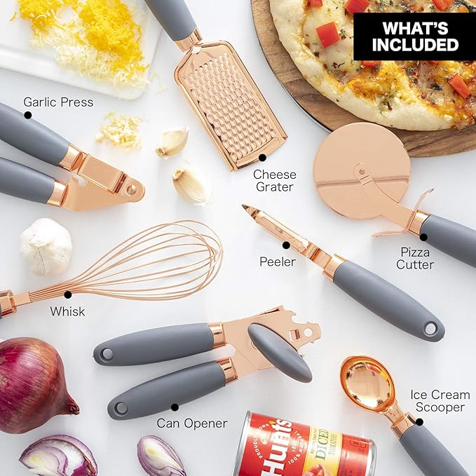 COOK WITH COLOR Kitchen Gadget Set Copper Plated Stainless Steel Utensils with Soft Touch Handles, Copper Grey, 7 Pieces