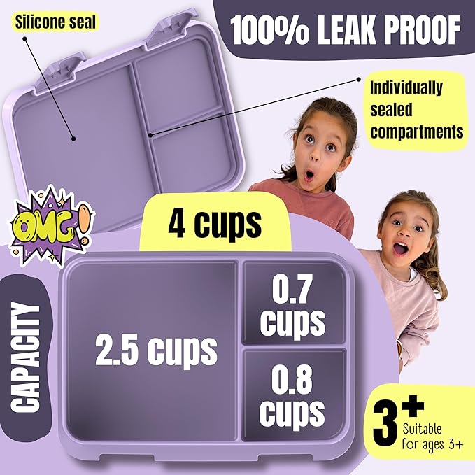 BEARFOOT Bento Box Compact, BPA-Free Children's Lunch Box for School & Nursery, Leak-Proof Lunch Box for Girls and Boys, Practical, Lightweight and Compact (Mermaid Purple, 4 Cups)