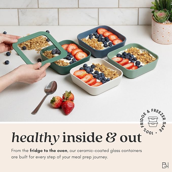 Ceramic Coated Glass Food Storage Container | No PTFE, PFOA, PFAS, and BPA | Reusable Non Toxic Meal Prep Container with Glass Lid | Easy To Store | 6 Piece Food Prep [Dusk]