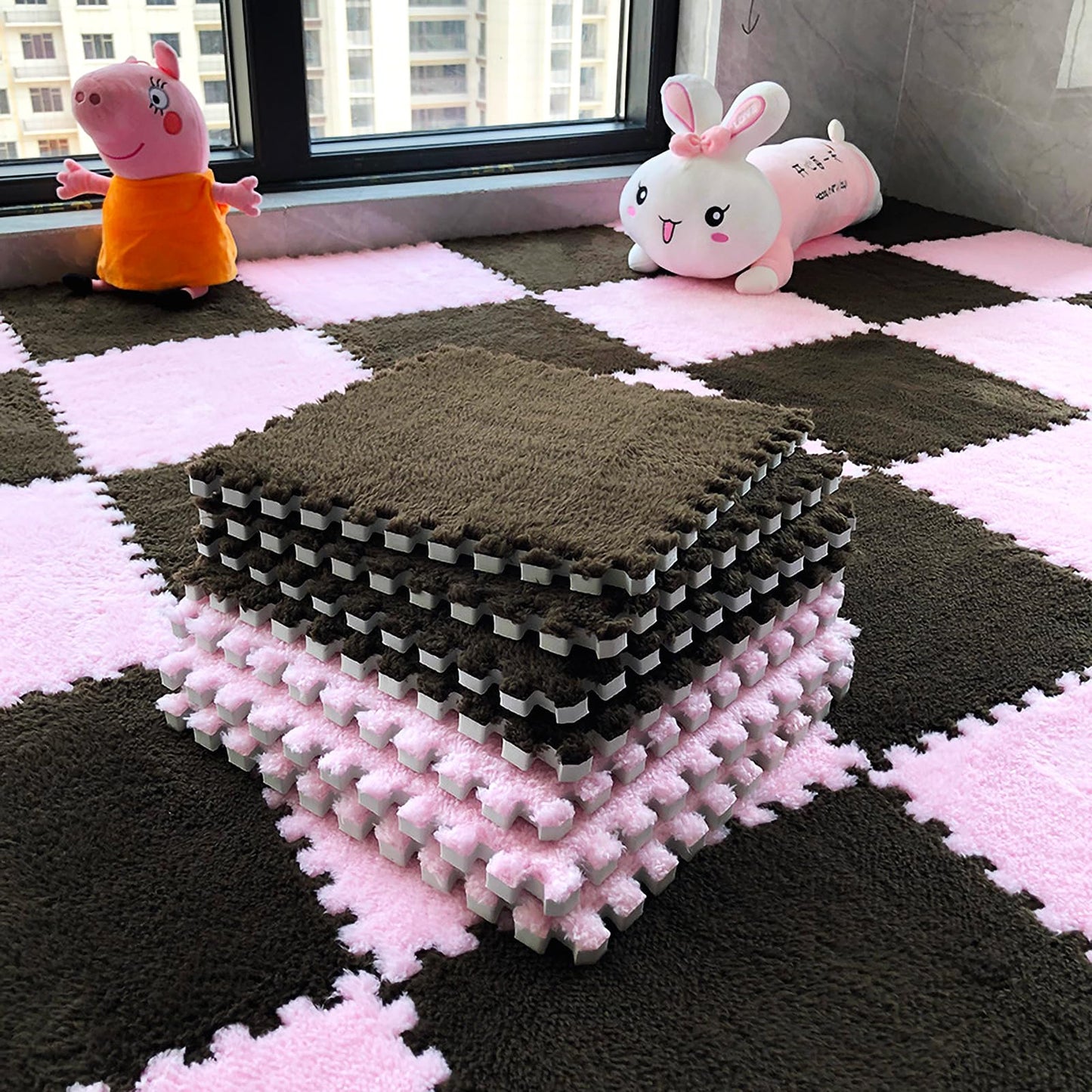 easycustomerlee 12pcs Interlocking Carpet Shaggy Soft EVA Foam Mats Fluffy Rugs Protective Floor Tiles Play Mats for Children Kids Room Home Parlor Bedroom(Brown)