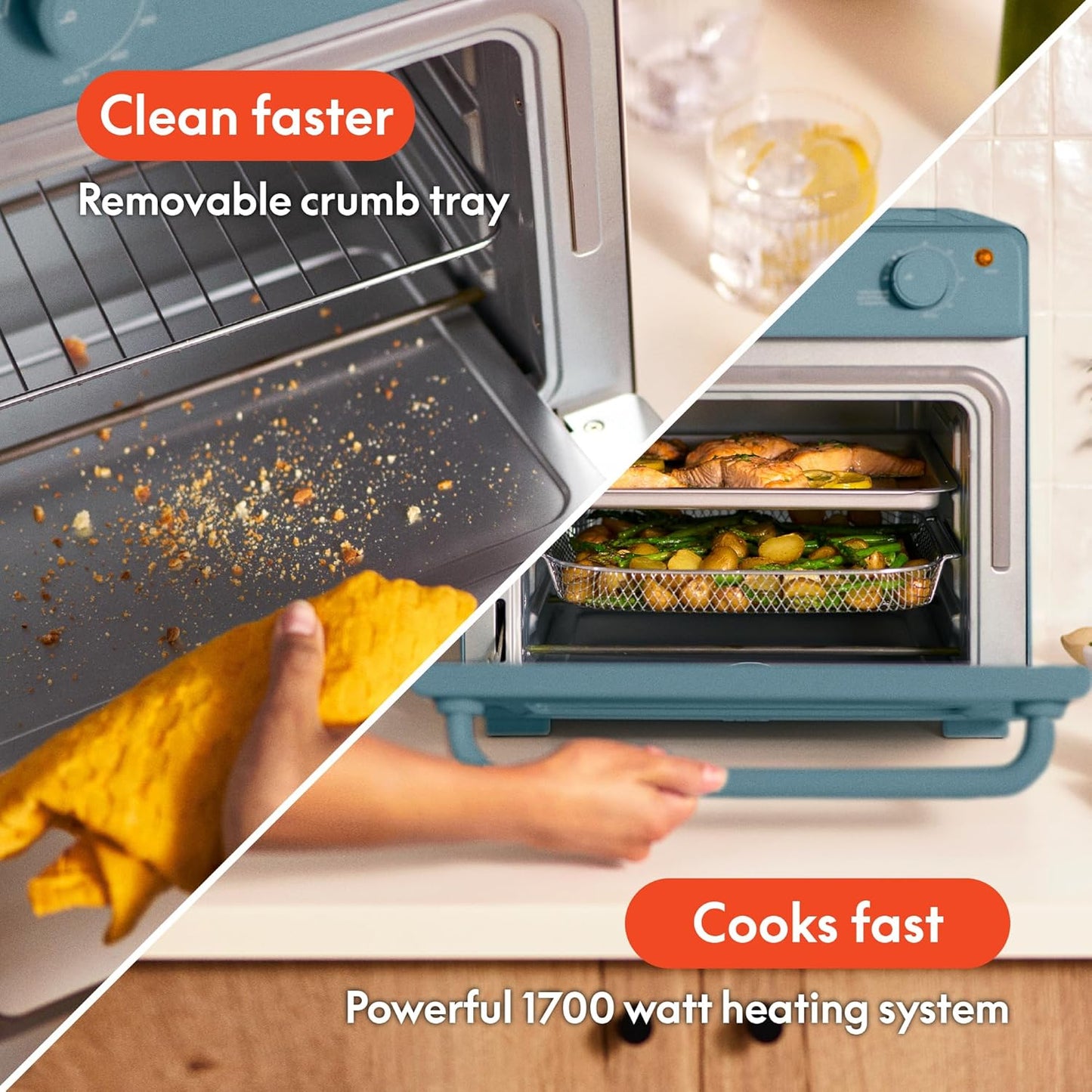 bella Air Fry Toaster Oven, 7 Preset Cooking Options, Dishwasher-Safe EverGood Coated Trays Included, 60-Minute Auto Shutoff w Audible Timer, Power Indicator Light, 1700 Watt, Surf
