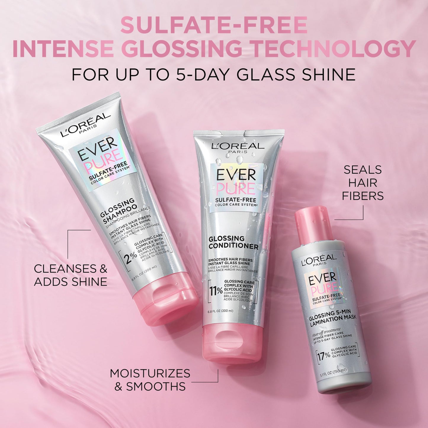 L'Oreal Paris Glossing Sulfate Free Shampoo with Glycolic Acid, Hair Care for Lasting Shine and Smoothness for Dull, Dry Hair, EverPure, 6.8 Fl Oz