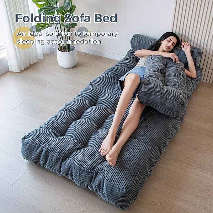 MAXYOYO Folding Sofa Bed, Convertible Sleeper Chair with Pillow Foldable Mattress with Back Support, Portable Fold Out Chair Bed Comfy Floor Sofa Lounge for Living Room Bedroom, Dark Grey, Single