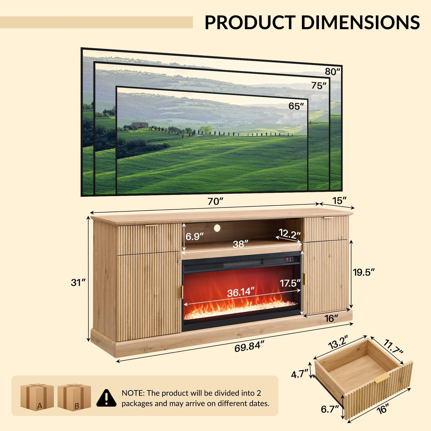 IFGET Fluted Fireplace TV Stand for TVs Up to 80 inch, Modern Entertainment Center with 36" Electric Fireplace, Wood Media Console w/Drawers and Adjustable Shelves for Living Room, Natural