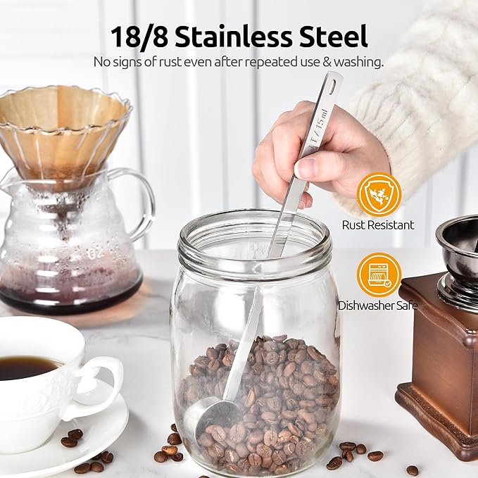 U-Taste Coffee Scoop 1 Tablespoon: 18/8 Stainless Steel Measuring Scooper for Ground Coffee, Bean, Powder, Espresso, 8.5in Extra Long Handle Metal Meaure Spoon for Canister, Jar (1Tbsp/15ml, Silver)