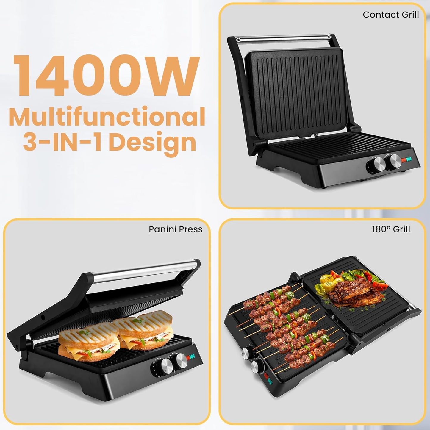 Pukomc Panini Grill Press,Sandwich Maker Press,Contact Grill, 1400W Non-Stick Grill, 60-Minute Timer, 180 Degrees Opening, Stainless Steel