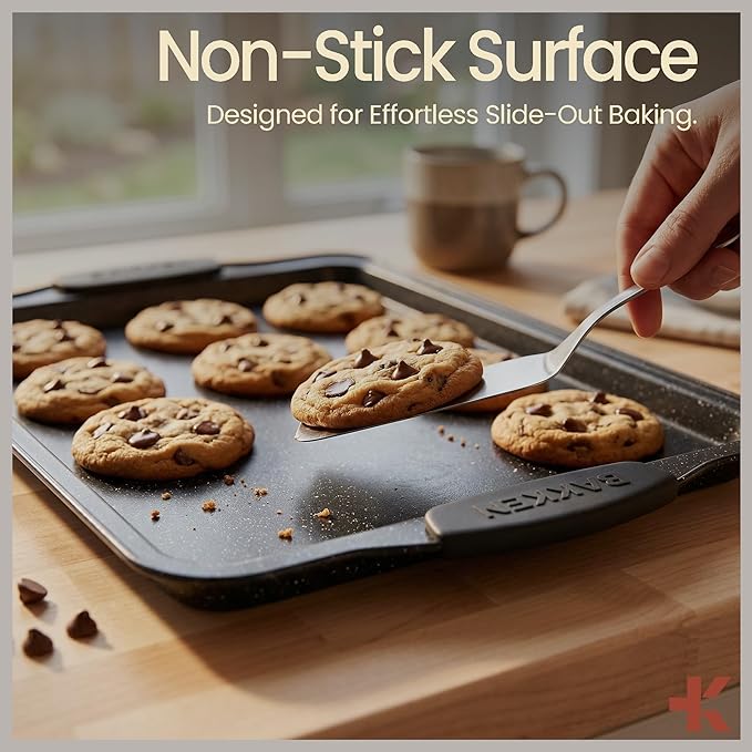 BAKKEN Kitchen Baking Pans - Medium (15.15 × 10.03") and Large (17.1 x 11.8") Nonstick Sheets, Carbon Steel Cookie Sheets with Gray Silicone Handles, PFOA, PFOS, PTFE Free, Oven Safe (450°F), Set of 2