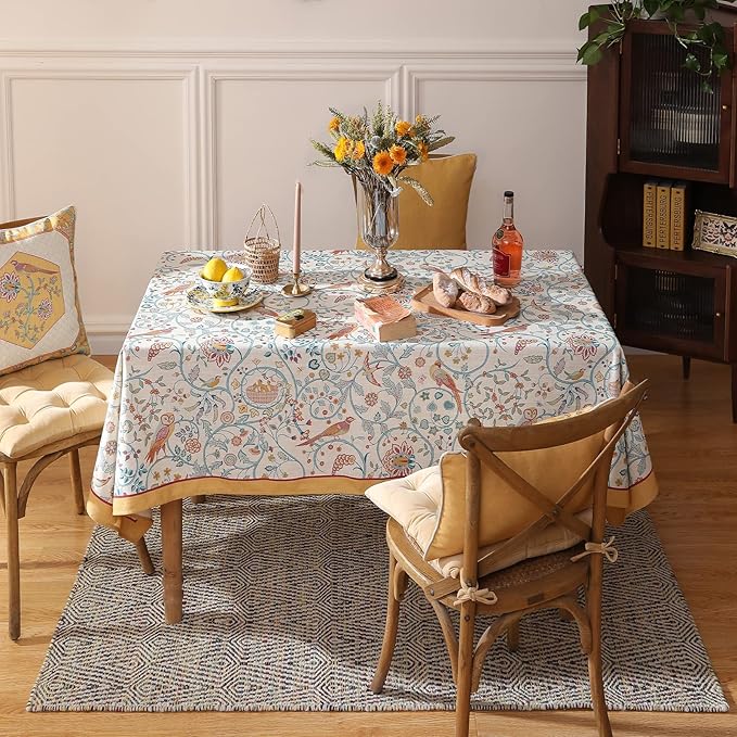 patdrea Designer Vintage Long Rectangular Tablecloth,French Floral Birds Pattern Linen Table Cloth,Yellow Decorative Cover for Kitchen Dining Banquet,Christmas,Thanksgiving,63"x102"-Magnolia
